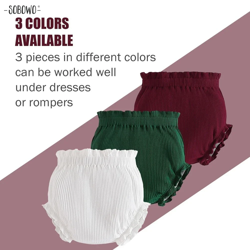 SOBOWO Baby 3-Pack Bloomers Diaper Covers Ribbed Ruffle Solid Triangle 2-3T